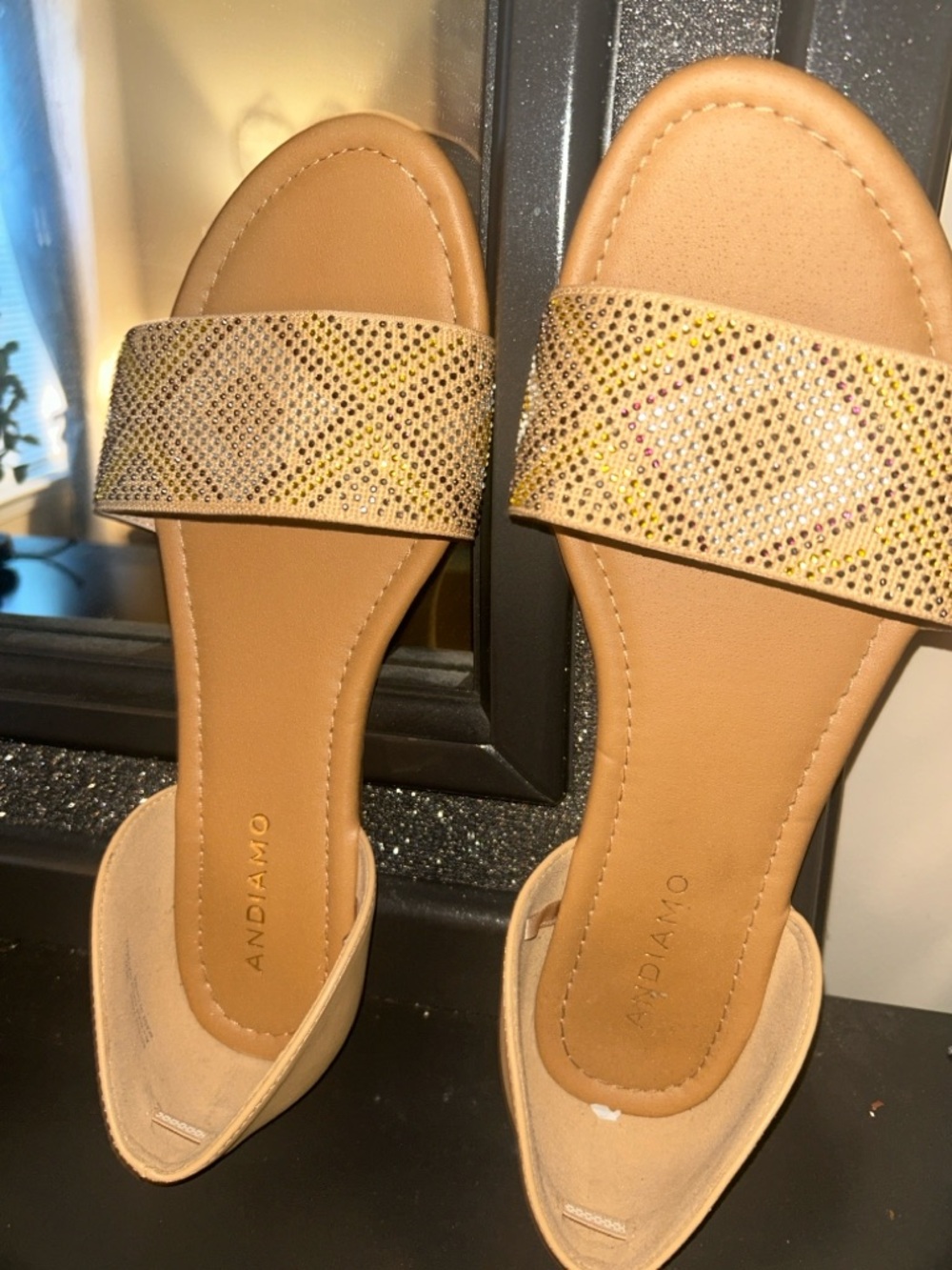 Andiamo tan Crystal-Embellished Slide Sandals 9.5 W